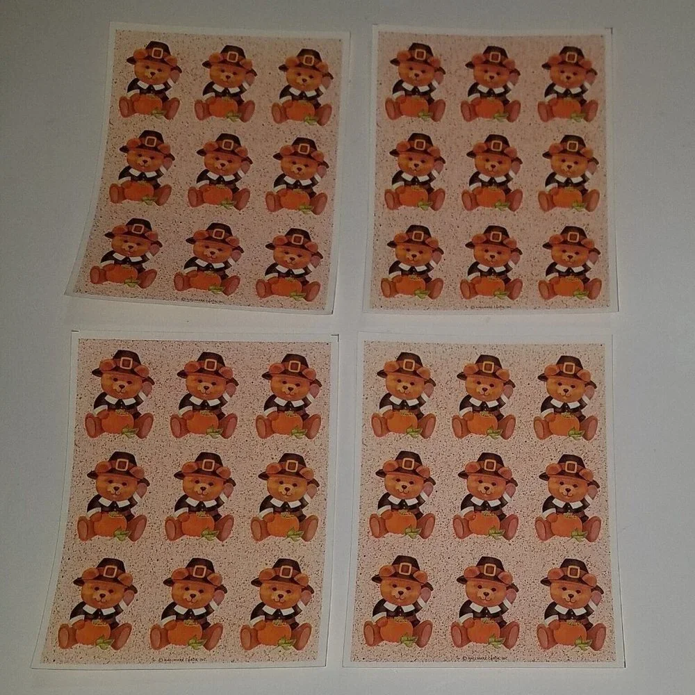 VTG Hallmark Teddy Bear Pilgrim Pumpkin Thanksgiving Stickers ~ Lot of 4 Sheets